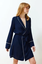 Trendyol Navy Blue Belted Piping Detailed Viscose Woven Dressing Gown