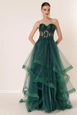 By Saygı Long Evening Dress in Tulle Taffeta with Beads Embellishment.
