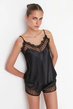 Trendyol Black Tulle Detailed Satin Undershirt-Short Woven Pajamas Set
