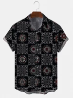 Mens Ethnic Print Square Buttons Up Short Sleeve Shirts