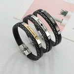 Acheerup Engrave Name PU Leather Woven Men Bracelet Punk Stainless Steel Personalized Bangle Vintage Jewelry Gift for Women
