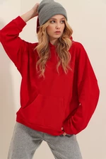 Trend Alaçatı Stili Women's Red Hoodie with Kangaroo Pocket 3 Thread Thickness Sweatshirt