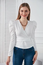 HAKKE Belted Waist Shoulder Detail Scuba Blouse