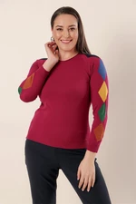 By Saygı Sleeves Arrangement Pattern Front Short Back Long Plus Size Acrylic Sweater Fuchsia.