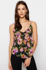 Trendyol Black Floral Patterned Straps Lined Stretch Tulle Knitted Blouse