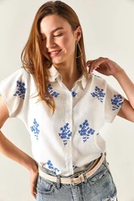 Olalook Women's Floral Blue Patterned Linen Bat Shirt