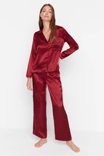 Trendyol Burgundy New Year Themed Embroidered Satin Shirt-Pants Woven Pajama Set