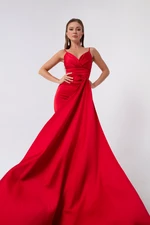 Lafaba női piros pántos hosszú szatén estélyi ruha érettségi ruha