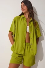 Happiness İstanbul Women's Oil Green Linen Surface Shorts and Shirt Set