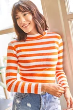 Olalook Women's Orange Half Turtleneck Striped Lycra Blouse