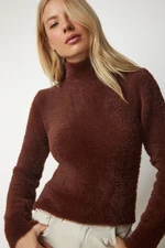 Happiness İstanbul Women's Brown Turtleneck Bearded Knitwear Sweater