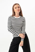 Lafaba Women's White Striped Ribbed Lycra Knitwear Sweater