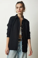 Happiness İstanbul Women's Black Ribbed Velvet Woven Jacket Shirt