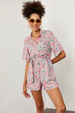 XHAN Women's Pink Floral Print Jumpsuit