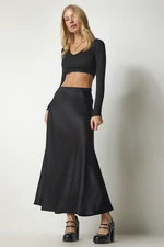 Happiness İstanbul Women's Black Satin Finish Long Skirt