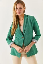 armonika Women's Dark Green Inner Sleeve Striped Single Button Jacket