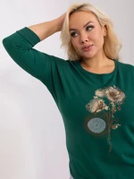 Dark green plus size casual blouse with rhinestones