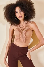 XHAN Women's Mink Trim & Ruffle Detailed Strap Blouse