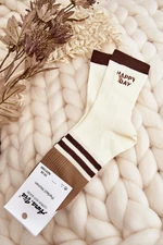 Women's socks with stripes and teddy bear, beige