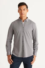 ALTINYILDIZ CLASSICS Men's Gray Slim Fit Slim Fit Button Down Collar Pique Pattern Knitted Shirt.