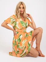 Floral pleated dress of one size in orange and green