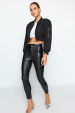 Trendyol Black Raised Faux Leather High Waist Slim Fit Knitted Pants