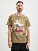 Béžové pánské tričko Guess Palm Window - Pánské