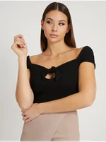 Čierne dámske rebrované cropped tričko s mašľou Guess Valeriana