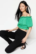 Trendyol Green Carmen Collar Crepe Crop Knitted Blouse