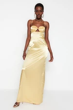 Trendyol Light Yellow Weave Satin Long Evening Dress with Window/Cut Out Detail