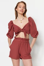 Trendyol Cinnamon Woven Tie Blouse and Short Set