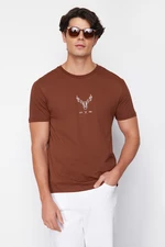 Trendyol Dark Brown Regular Cut Deer Embroidered 100% Cotton T-Shirt
