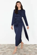 Trendyol Navy Blue Shawl Detailed Satin Evening Dress