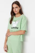 Trendyol Svetlozelené 100% Bavlnené Pyžamo s Tlačeným Motívom Zvierat - Tričko a Nohavice