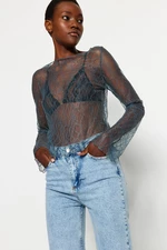 Trendyol Anthracite Fitted Crewneck Lace Flexible Blouse