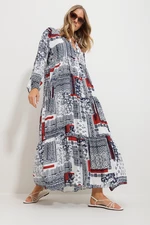 Trend Alaçatı Stili Women's Cinnamon Big Collar Shawl Patterned Maxi Length Dress