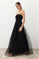 Trendyol čierne tylové pletené dlhé elegantné večerné šaty