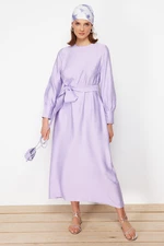 Trendyol Lilac Wide Belted Zipper Cuff Woven Linen Look Dress