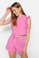 Trendyol Pink 100% Cotton Ruffled T-shirt-Shorts, Knitted Pajamas Set
