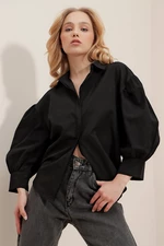 Trend Alaçatı Stili Women's Black Balloon Sleeve Basic Poplin Shirt with Concealed Poplin