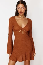 Trendyol Brown Fitted Mini Knitted Frilly Beach Dress