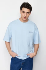 Trendyol Light Blue Oversize 100% Cotton Crew Neck Minimal Text Printed T-Shirt