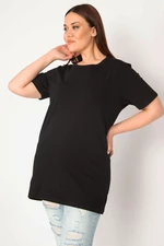 Şans Women's Black Plus Size Crew Neck Short Sleeve Oversize Blouse