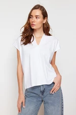 Trendyol White 100% Cotton V Neck Moon Sleeve Knitted T-Shirt