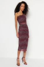 Trendyol Claret Red Printed Tulle Fitted High Waist Lined Midi Skirt