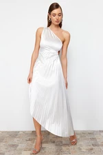 Trendyol Asymmetrical Ecru Evening Dress in Satin with Pleat Detail