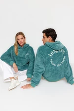 Trendyol Mint Oversize/Wide-Fit Hooded Long Sleeve Text Embroidered Plush Sweatshirt