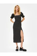 Koton Tie Back Polka Dot Dress Window Detail Midi Length Short Balloon Sleeve Square Neck