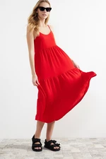 Trendyol Red Flounce Relaxed Cut Strap Midi Woven Dress