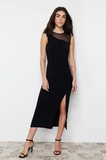 Trendyol Black Tulle Detailed Gathered Slit Fitted Flexible Knitted Maxi Pencil Dress